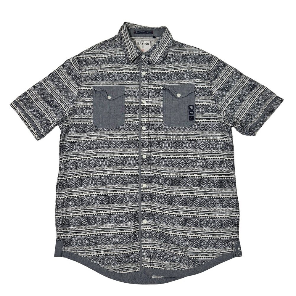PN Nation Men’s 2XL Short Sleeve Button Up Shirt Grey Blue Geometric Pattern